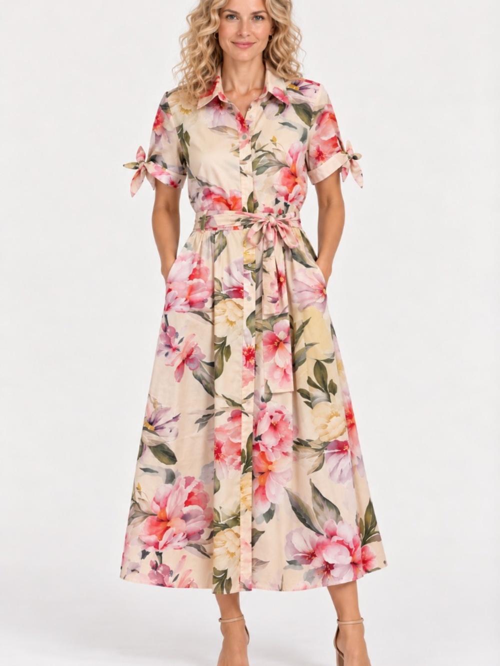 H&M Short-Sleeved Shirt Dress — Cream/Floral